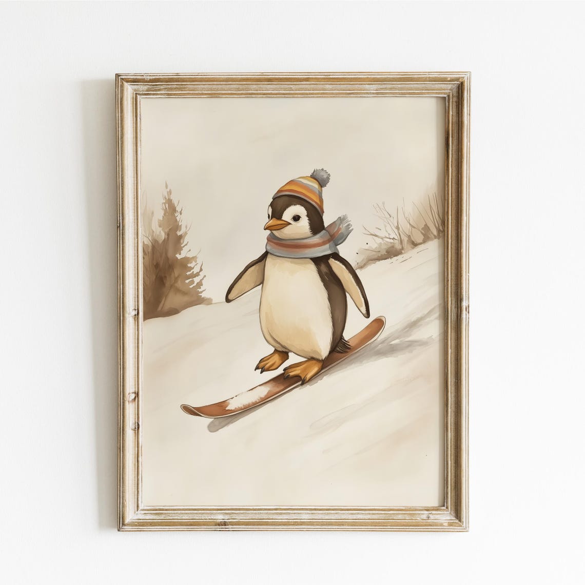 Penguin Skiing Downhill in a Striped Beanie Winter Funny Poster