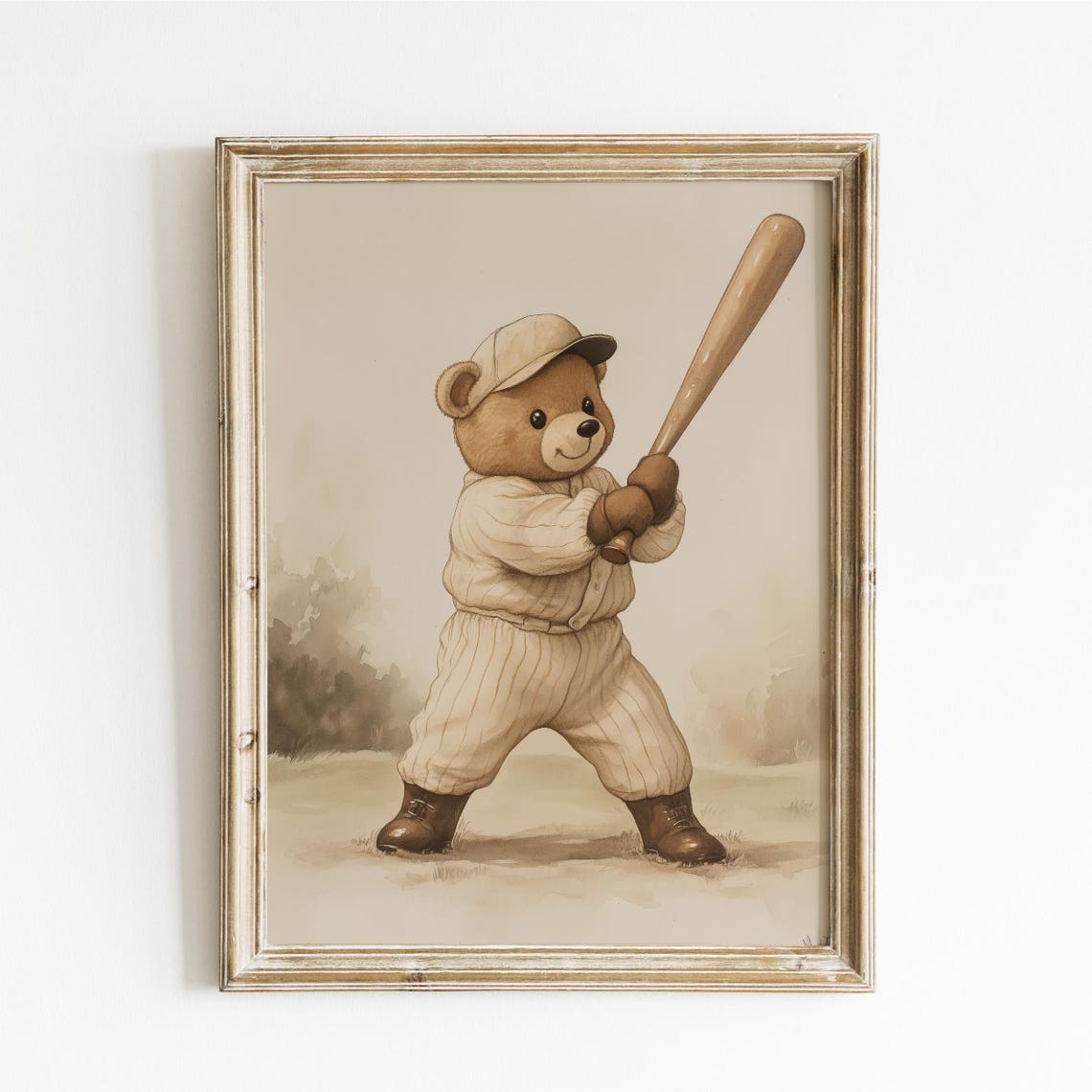 Vintage Teddy Bear Baseball Batter in Pinstripes Mid Swing Poster