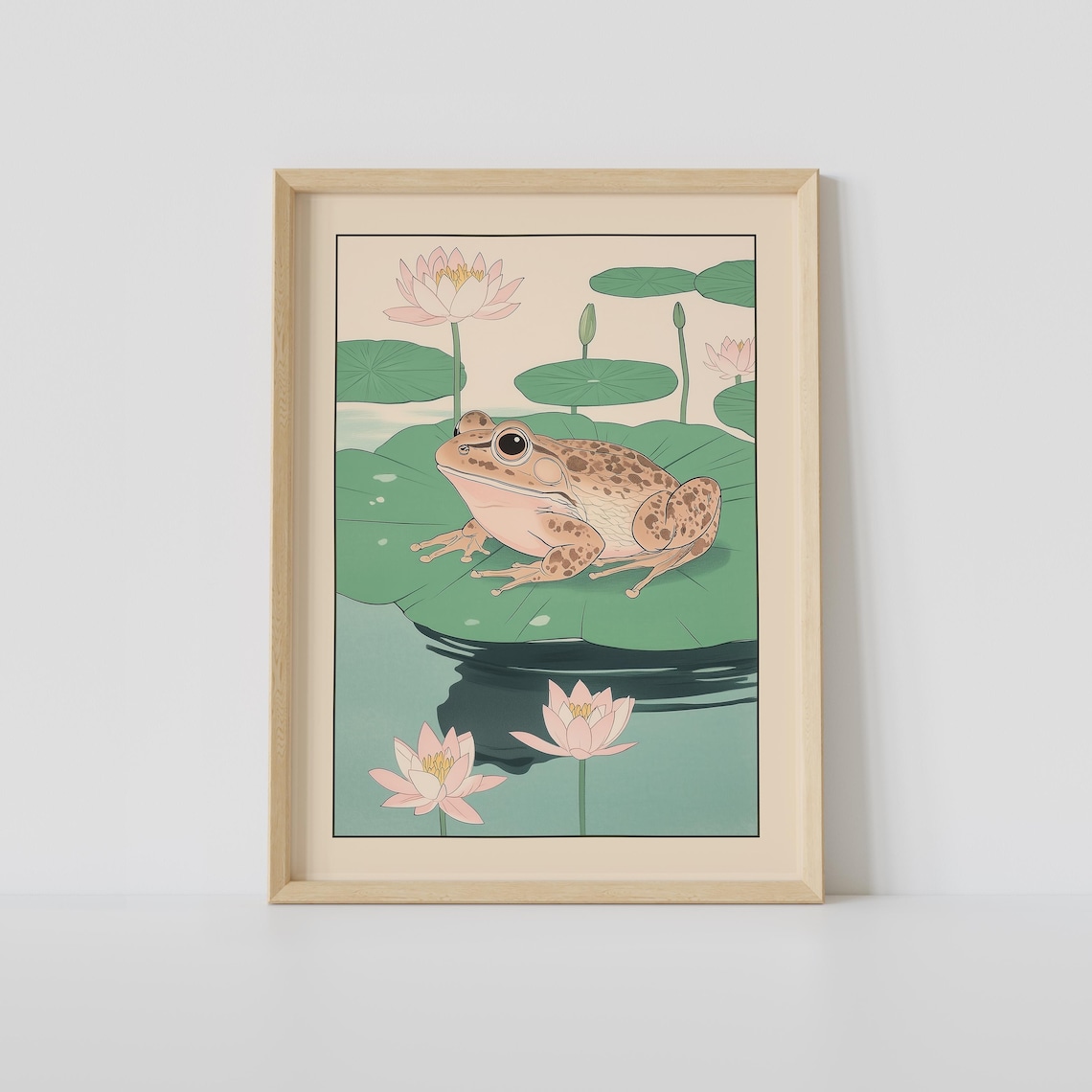 Japanese Frog On Lily Pad Lotus Flower Woodblock Style Art Poster