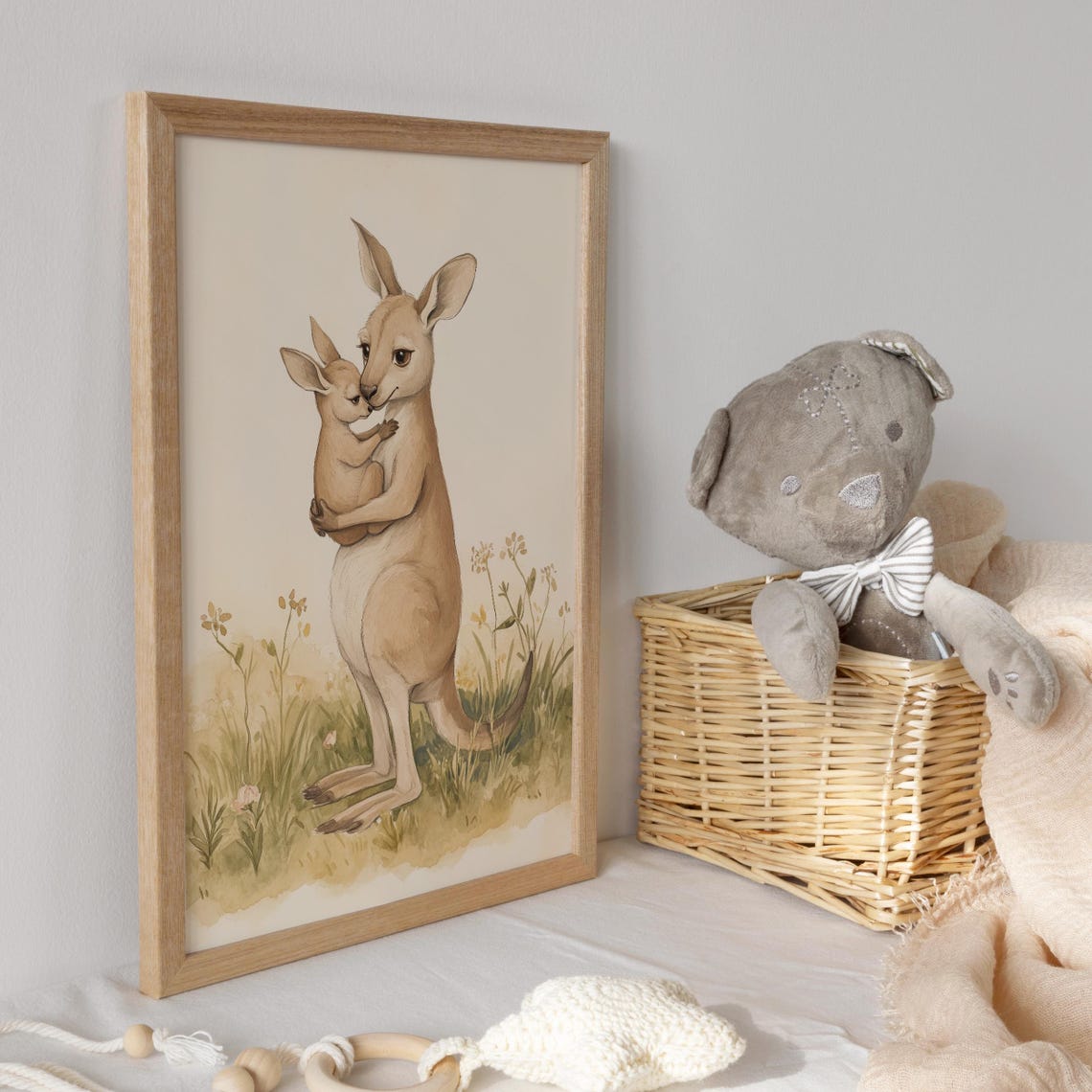 Mother Kangaroo Hugging Joey in Wildflower Meadow Nursery Poster - Image 3