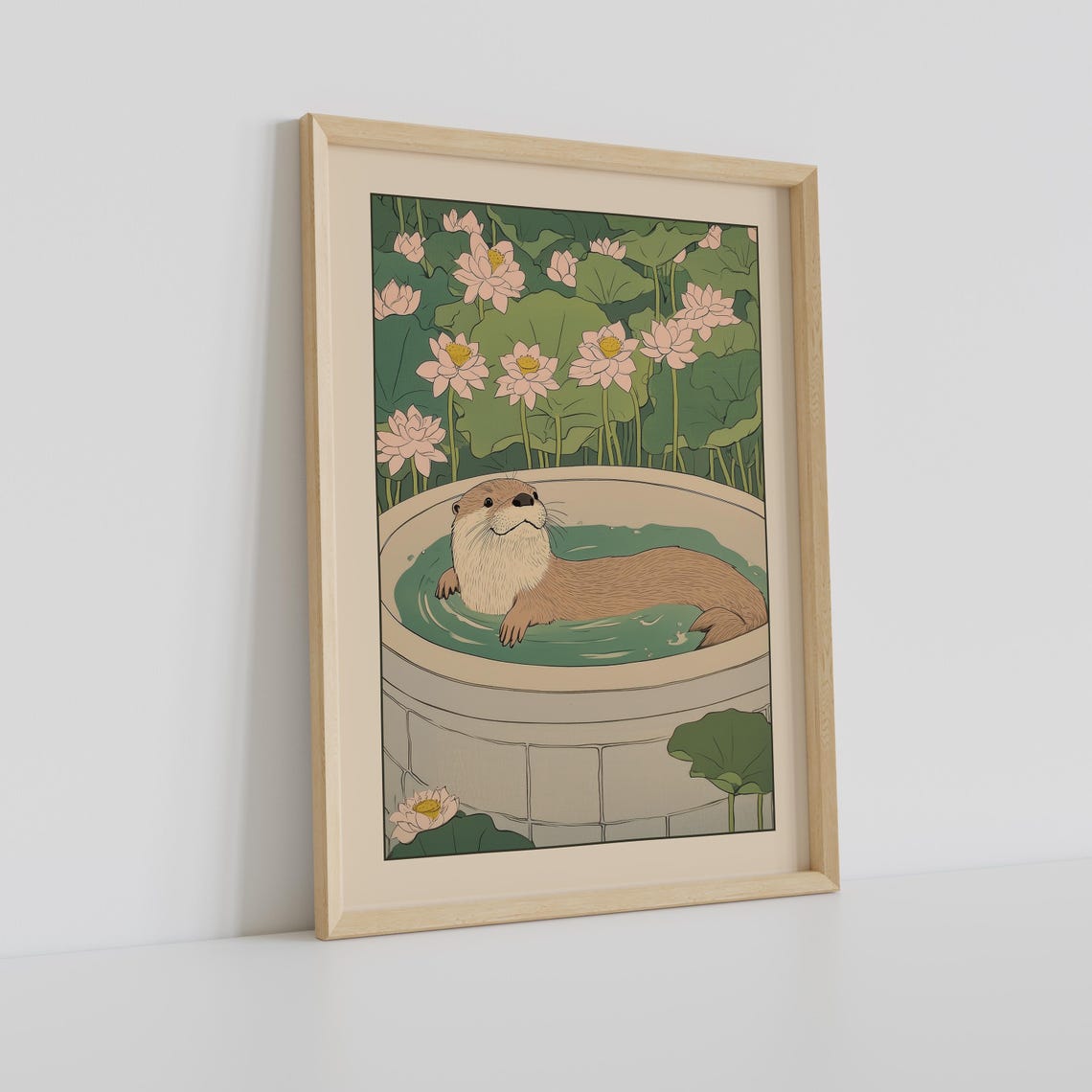 Smiling Otter Floating in a Stone Tub Surrounded by Lotus Poster - Image 2