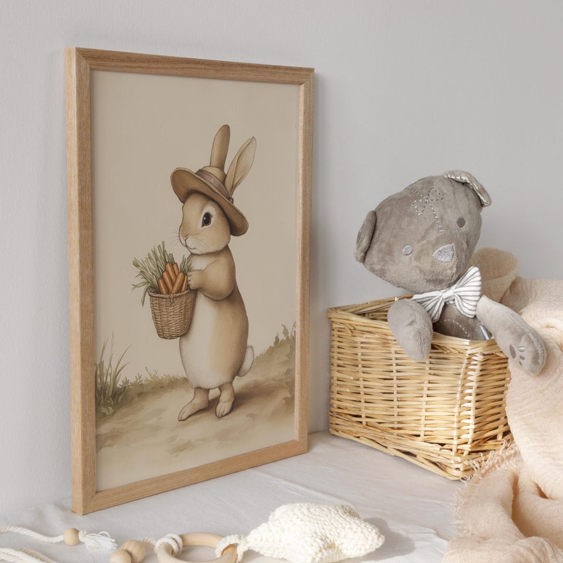 Bunny in a Straw Hat Carrying a Basket of Fresh Carrots Poster - Image 3