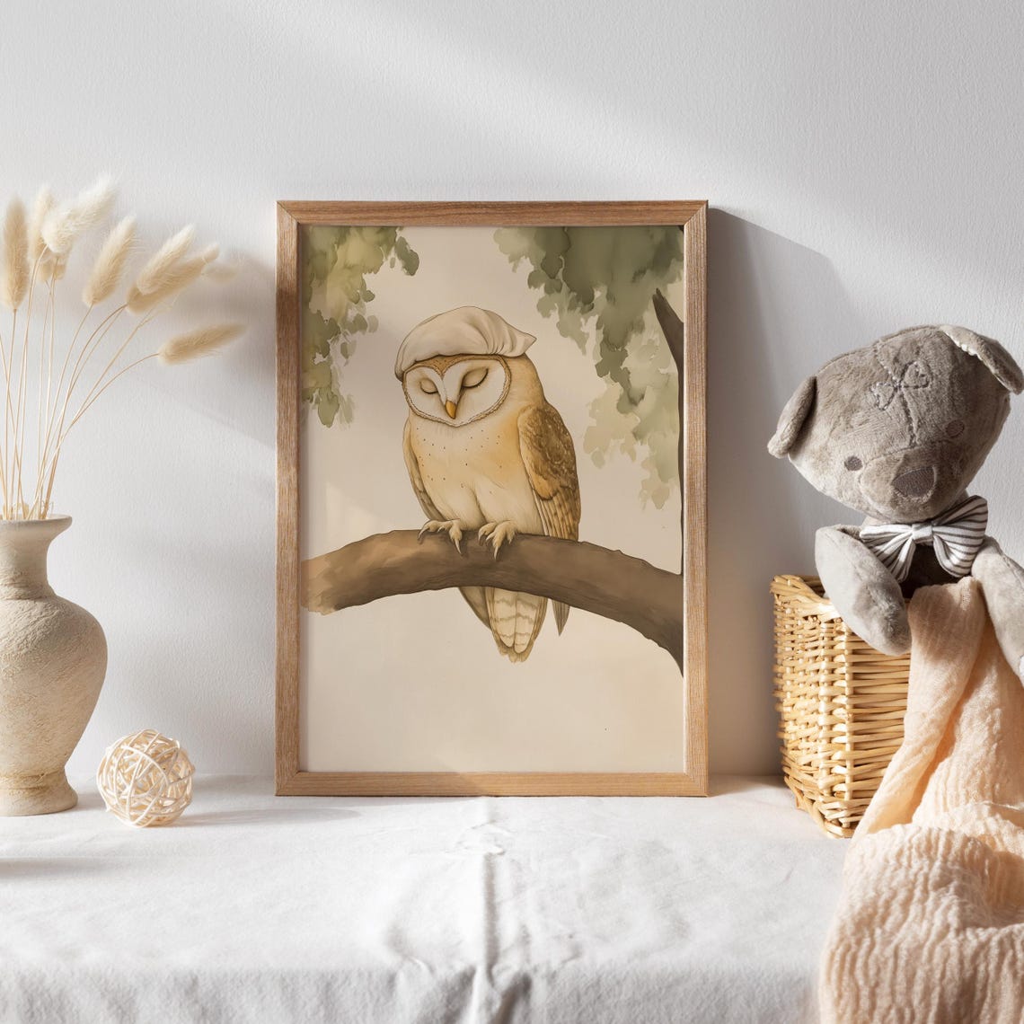 Sleeping Barn Owl in a Nightcap on a Leafy Tree Branch Poster - Image 2