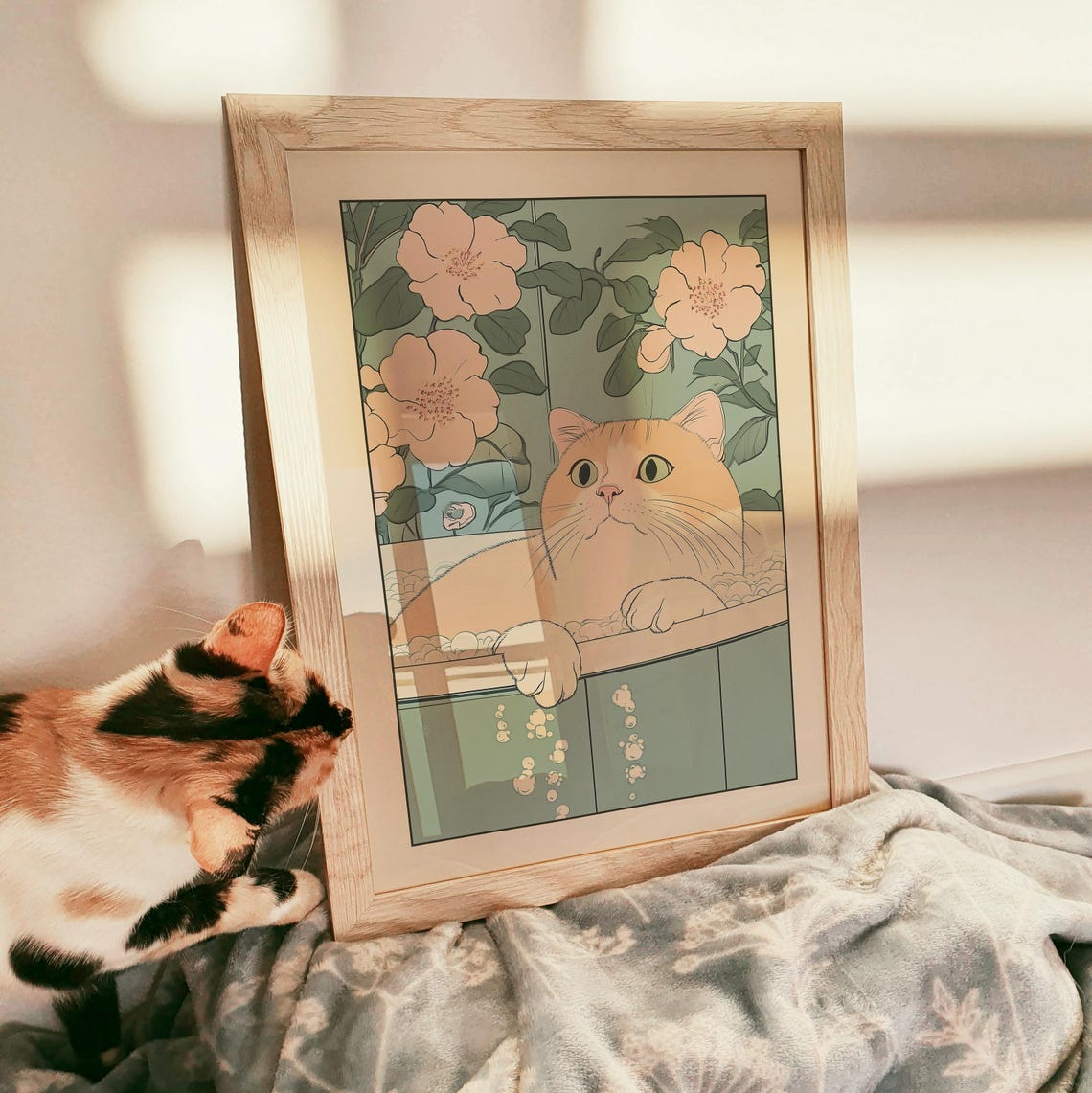 Orange Cat Bath Time in Green Tub With Camellia Blossoms Poster - Image 3
