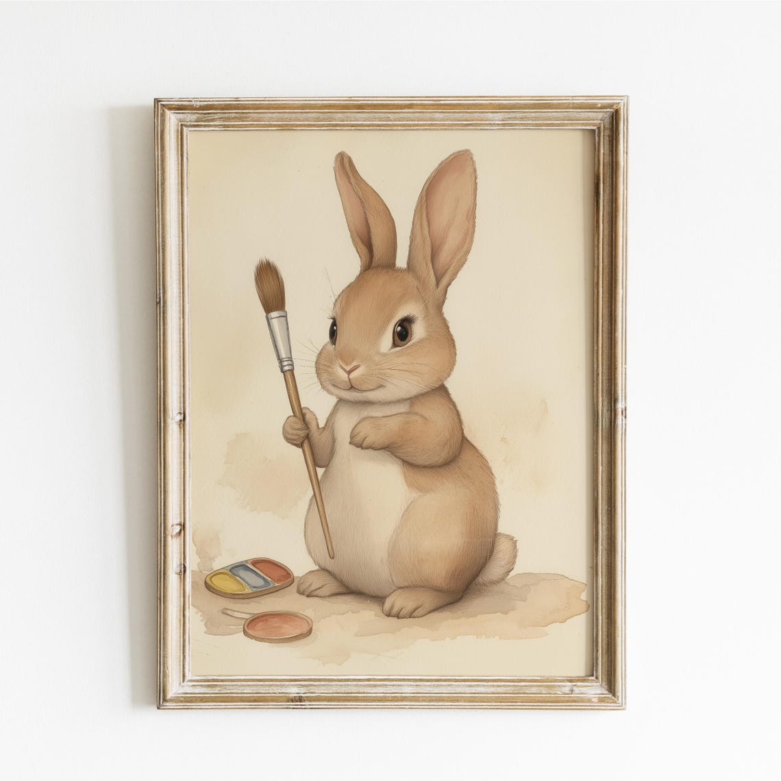 Bunny Artist Holding a Paintbrush Beside a Paint Palette Poster