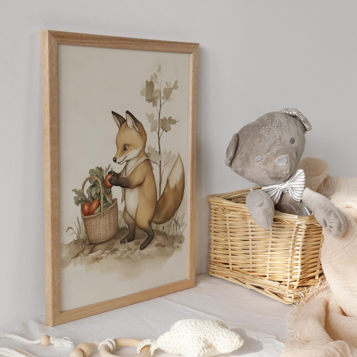 Little Fox Holding a Basket of Fresh Garden Tomatoes Woodland Poster - Image 3