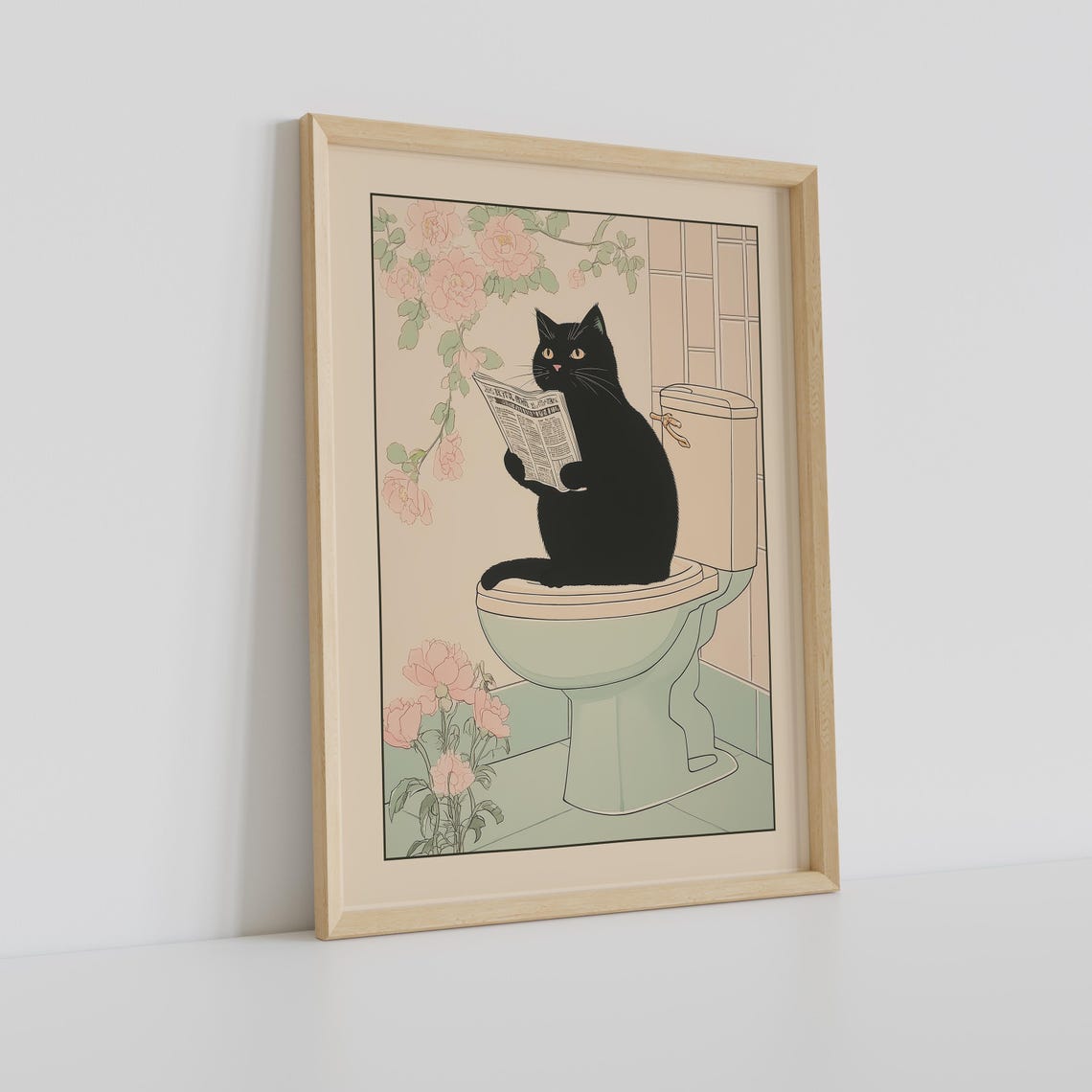 Black Cat Sitting on a Toilet Reading a Newspaper Japanese Poster - Image 2