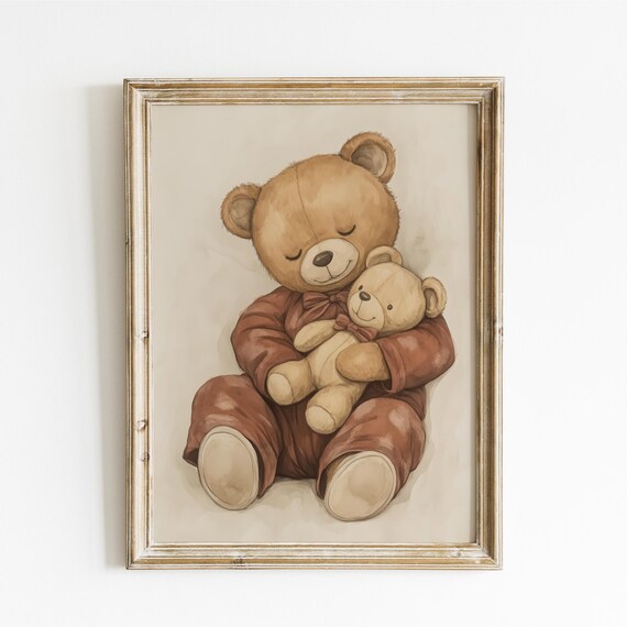 Sleeping Teddy Bear in Pajamas Hugging a Toy Bear Nursery Poster