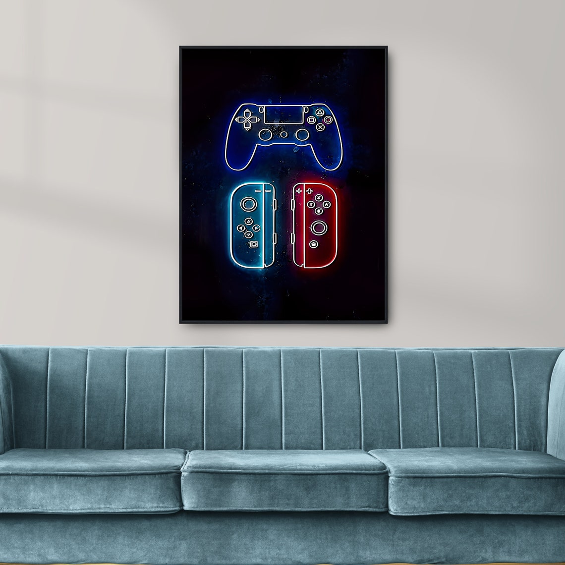 Glowing Neon Video Game Controller Set Poster Dark Bedroom Wall Decor - Image 2