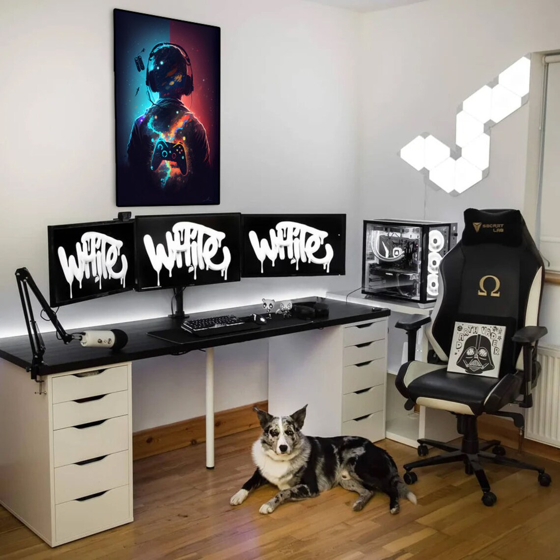 Gamer With Headphones Neon Cosmic Art Poster Blue Red Video Game Decor - Image 2