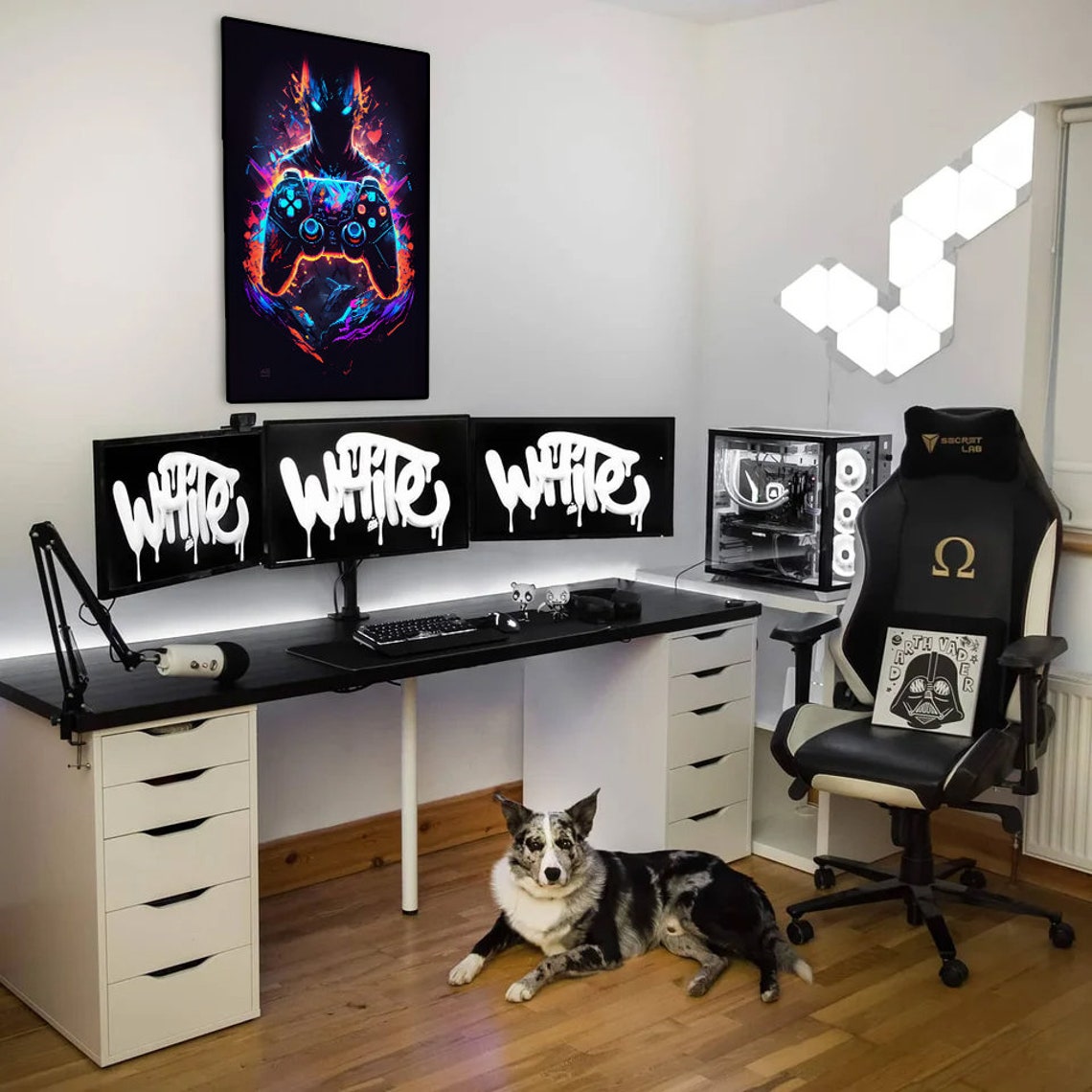 Demon Gamer Neon Controller Flaming Skull Digital Art Poster - Image 2