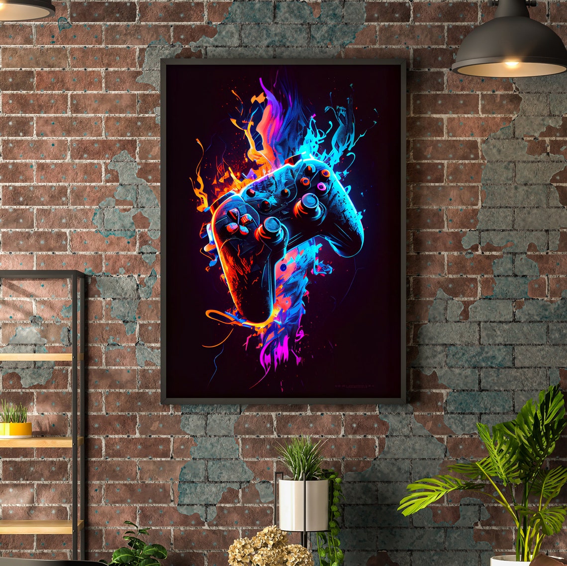 Neon Game Controller Engulfed In Fire And Ice Splash Art Poster - Image 3
