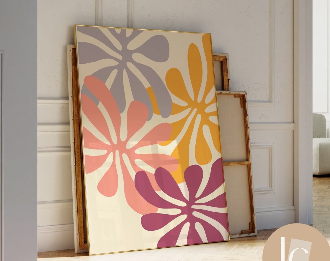 Bold Coral And Lilac Matisse Style Abstract Botanical Wall Art