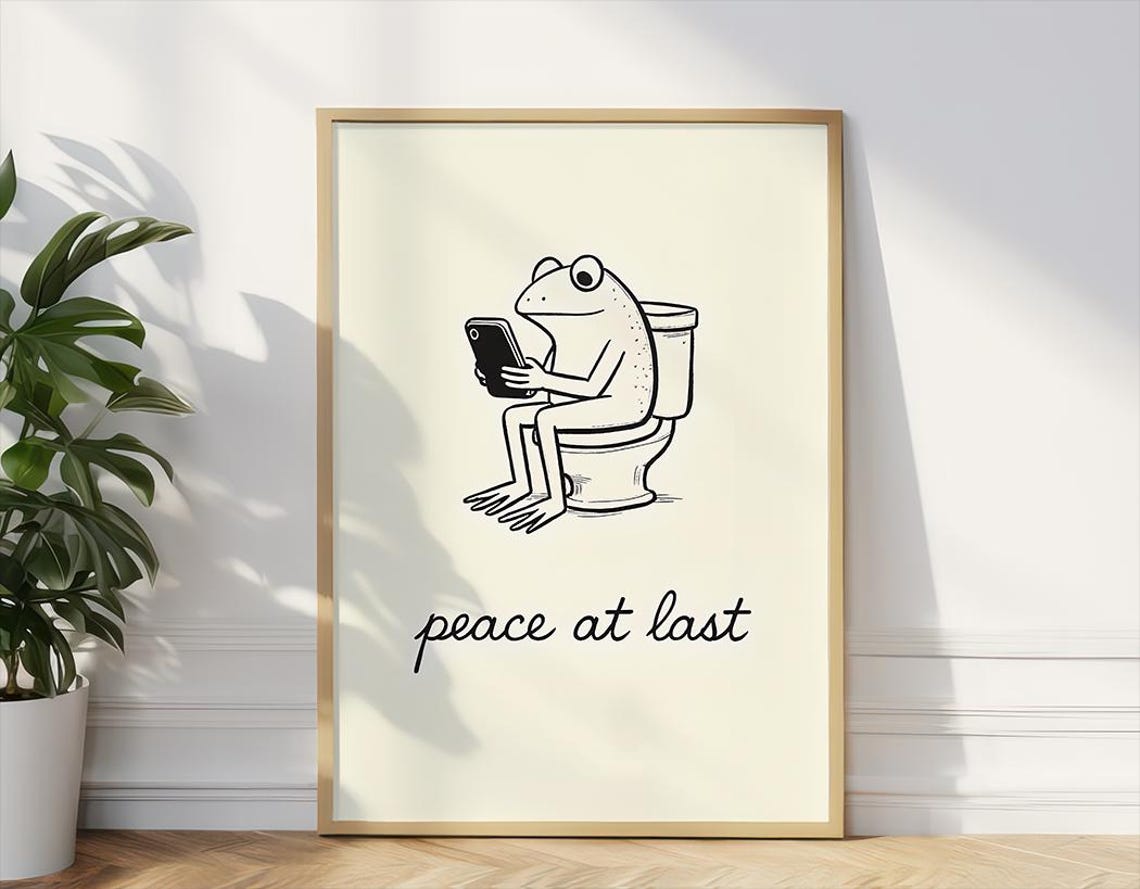 Funny Frog On Toilet Poster Retro Bathroom Art