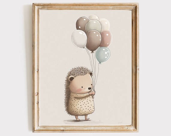 Hedgehog Holding Balloons Cute Nursery Illustration Wall Poster