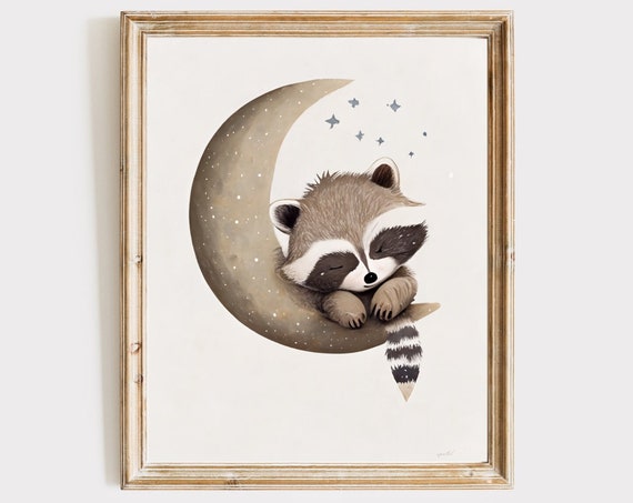 Sleeping Raccoon on Crescent Moon Whimsical Nursery Starry Night Poster