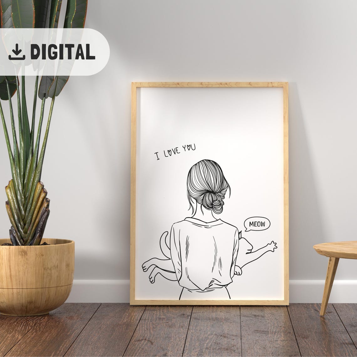 I Love You Line Art Woman Holding Cat with Meow Speech Poster - Image 2