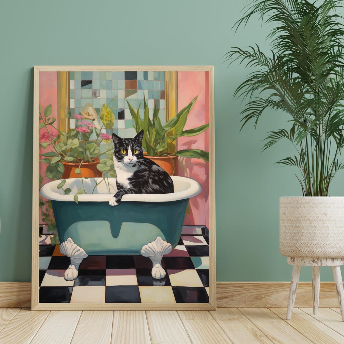 Tuxedo Cat Lounging In Teal Clawfoot Tub Pink Mosaic Bathroom Poster - Image 2