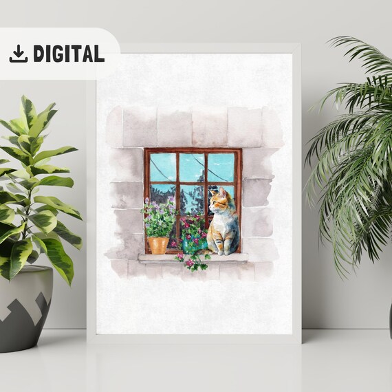 Cute Watercolor Cat Print Trendy Catful Wall Art Aesthetic Kitchen Decor Retro Vintage Home Decoration Window Cat Wall Decor Cat Poster