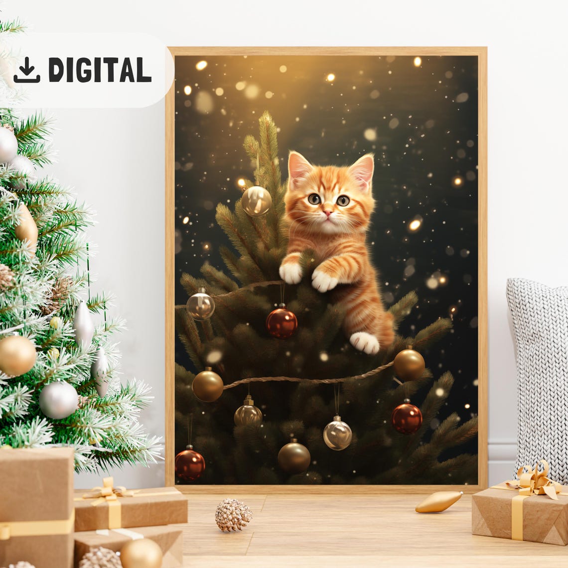 Orange Kitten Climbing Christmas Tree Gold Ornaments Poster Gift
