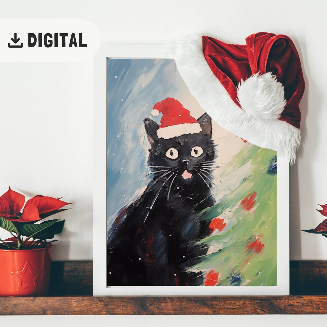 Funny Christmas Print Catful Christmas Oil Painting For Cat Lover Vintage Christmas Wall Art Quirky Cat Trendy Poster Xmas Art - Image 2