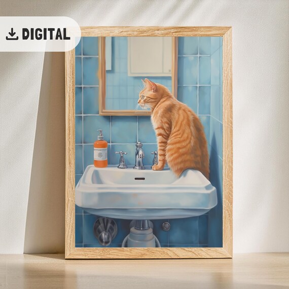 Orange Tabby Cat On Vintage Bathroom Sink Blue Tile Mirror Poster