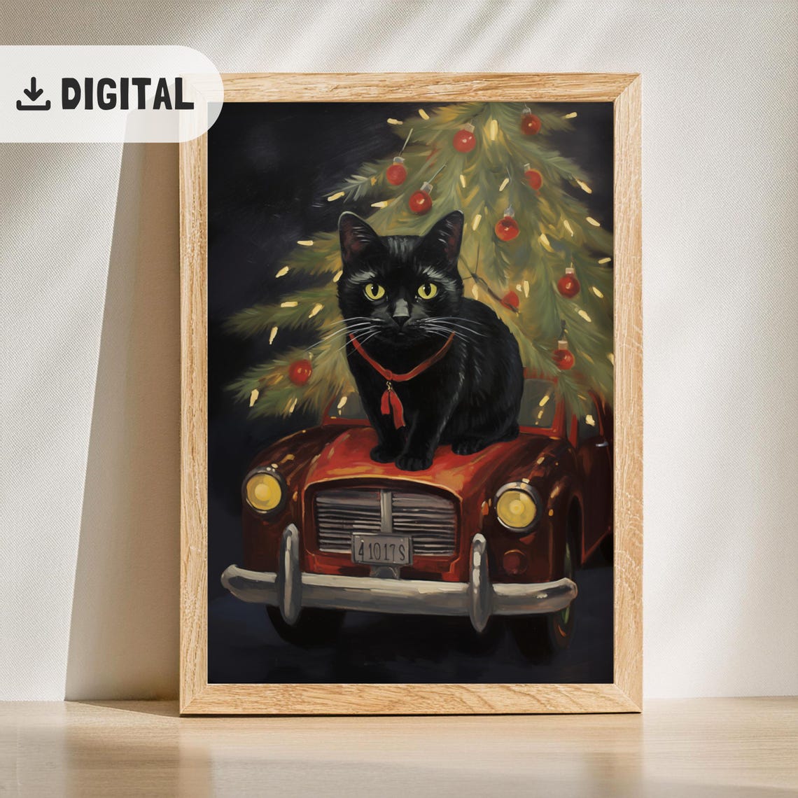 Black Cat Vintage Red Car Christmas Tree Classic Poster Gift