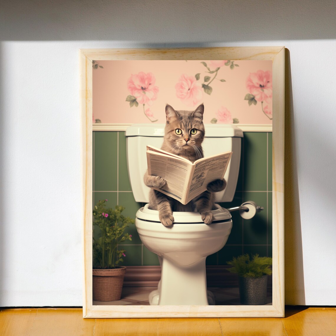 Brown Tabby Cat Reading Newspaper On Toilet Pink Wallpaper Poster - Image 2