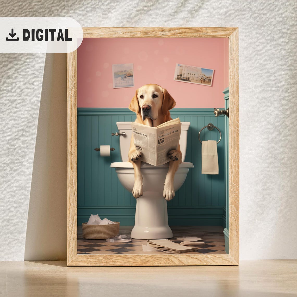 Yellow Labrador Reading Newspaper on Toilet Bathroom Dog Poster