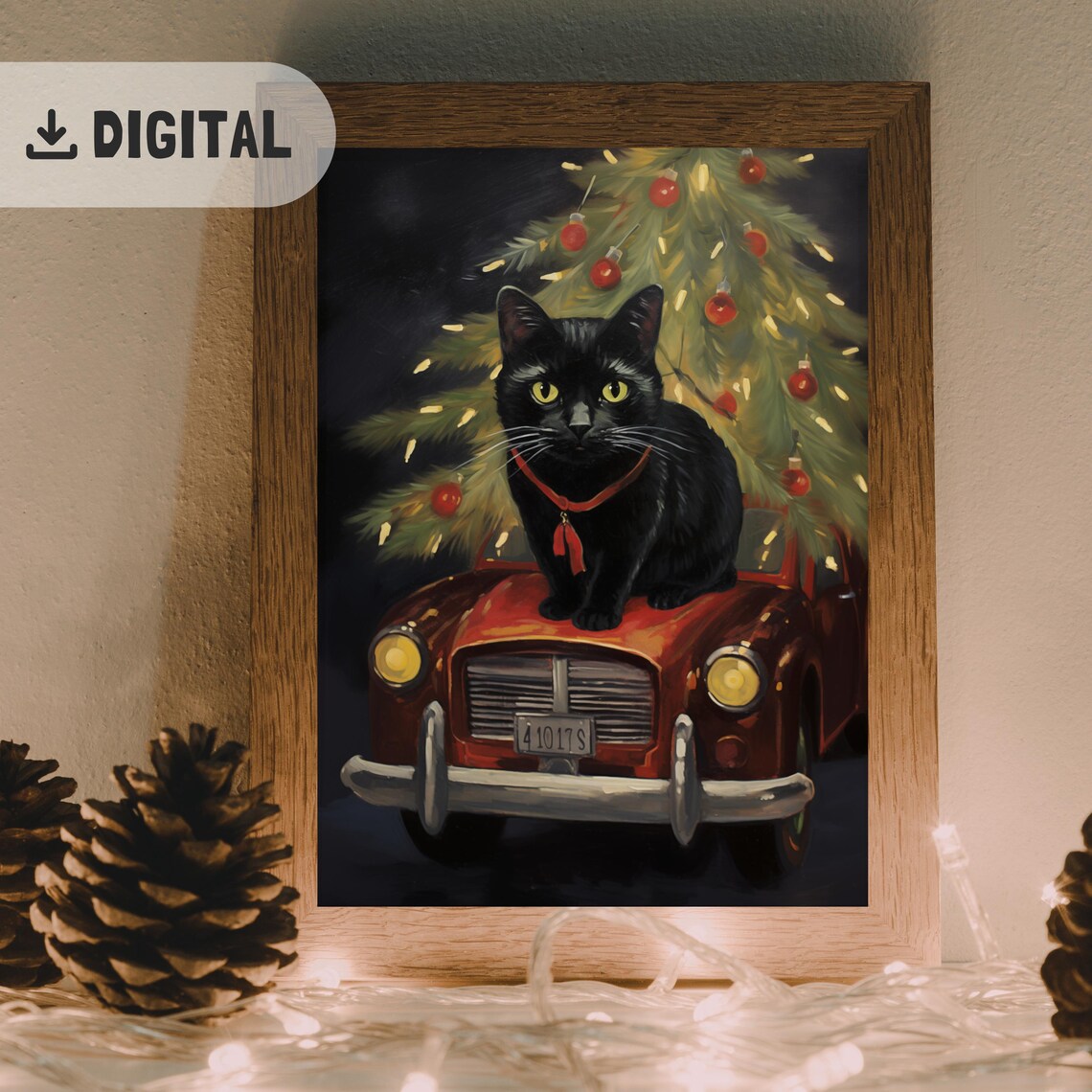 Black Cat Vintage Red Car Christmas Tree Classic Poster Gift - Image 2