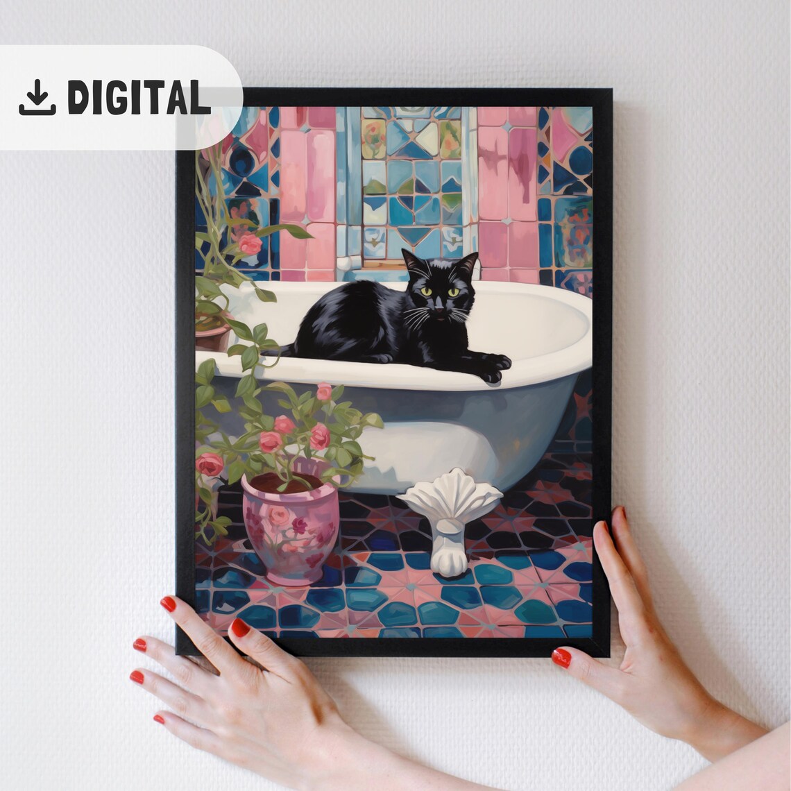 Black Cat Lounging On Clawfoot Tub Pink Mosaic Tile Bathroom Poster - Image 2