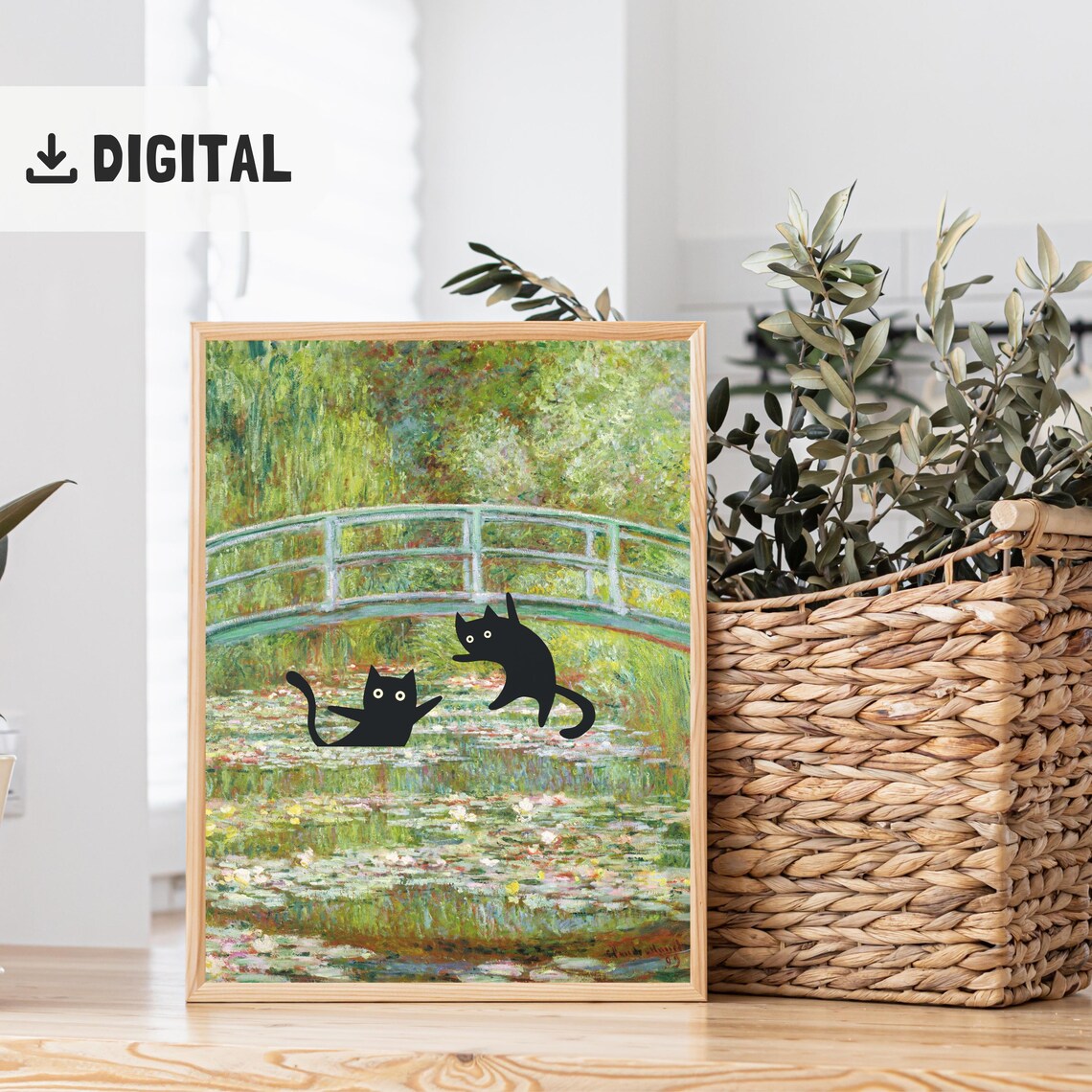 Black Cats in Claude Monet Water Lily Pond with Bridge Art Poster - Image 2