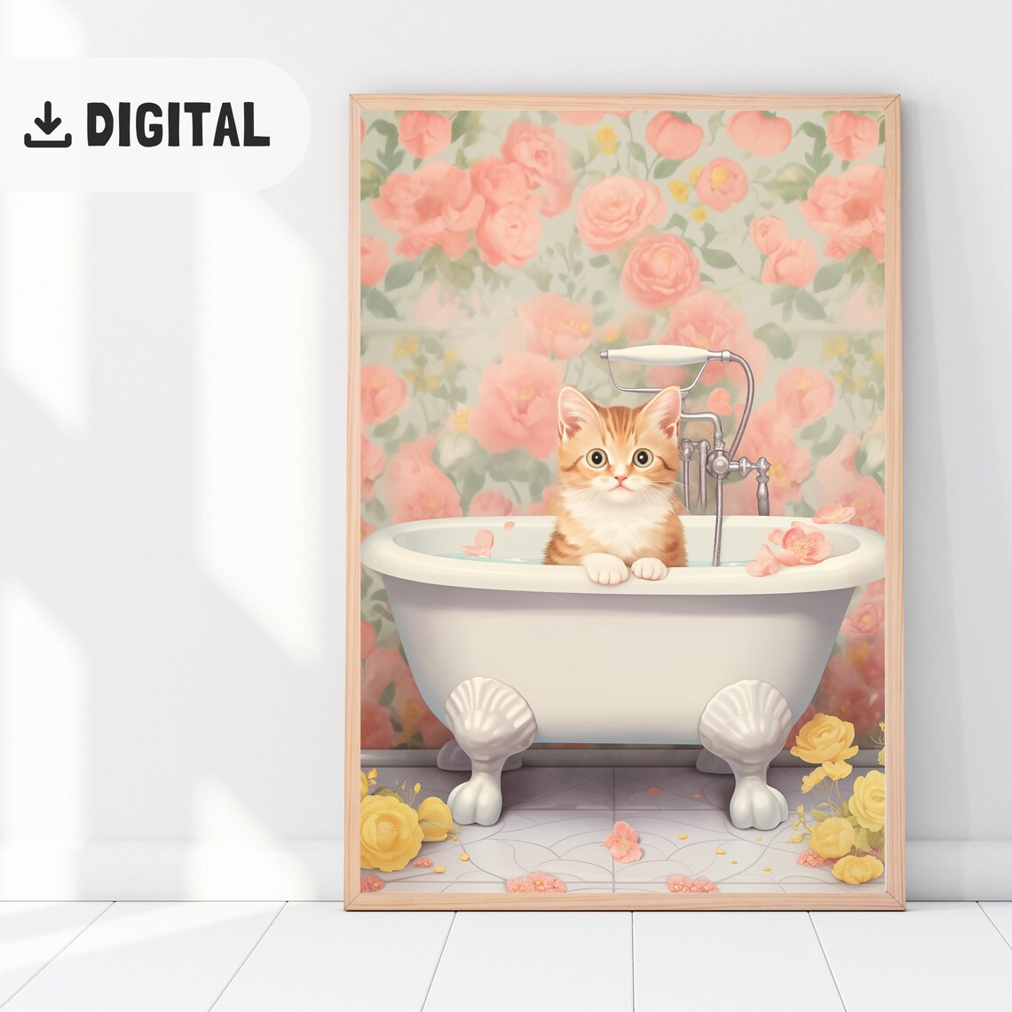 Orange Kitten Sitting in Clawfoot Bathtub with Roses Bathroom Poster - Image 2