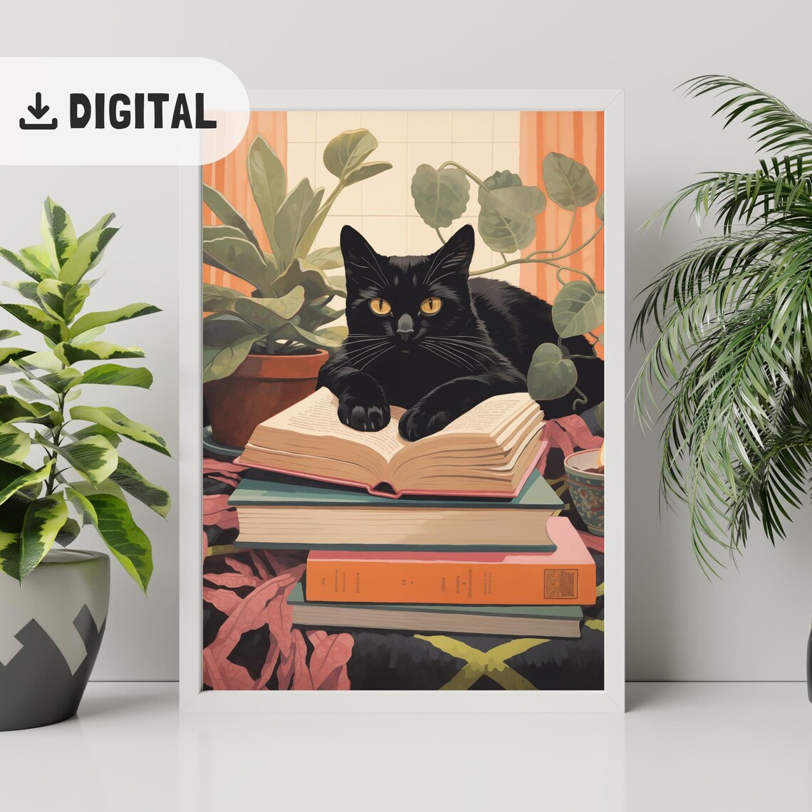 Cat Reading Vintage Black Cat and Books Art Print - Image 2