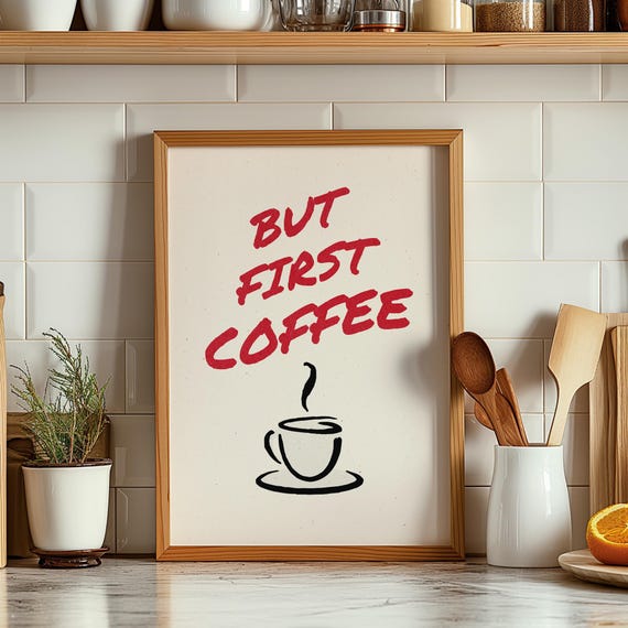 But First Coffee Poster Bold Red Typography Print Minimalist Kitchen Wall Art