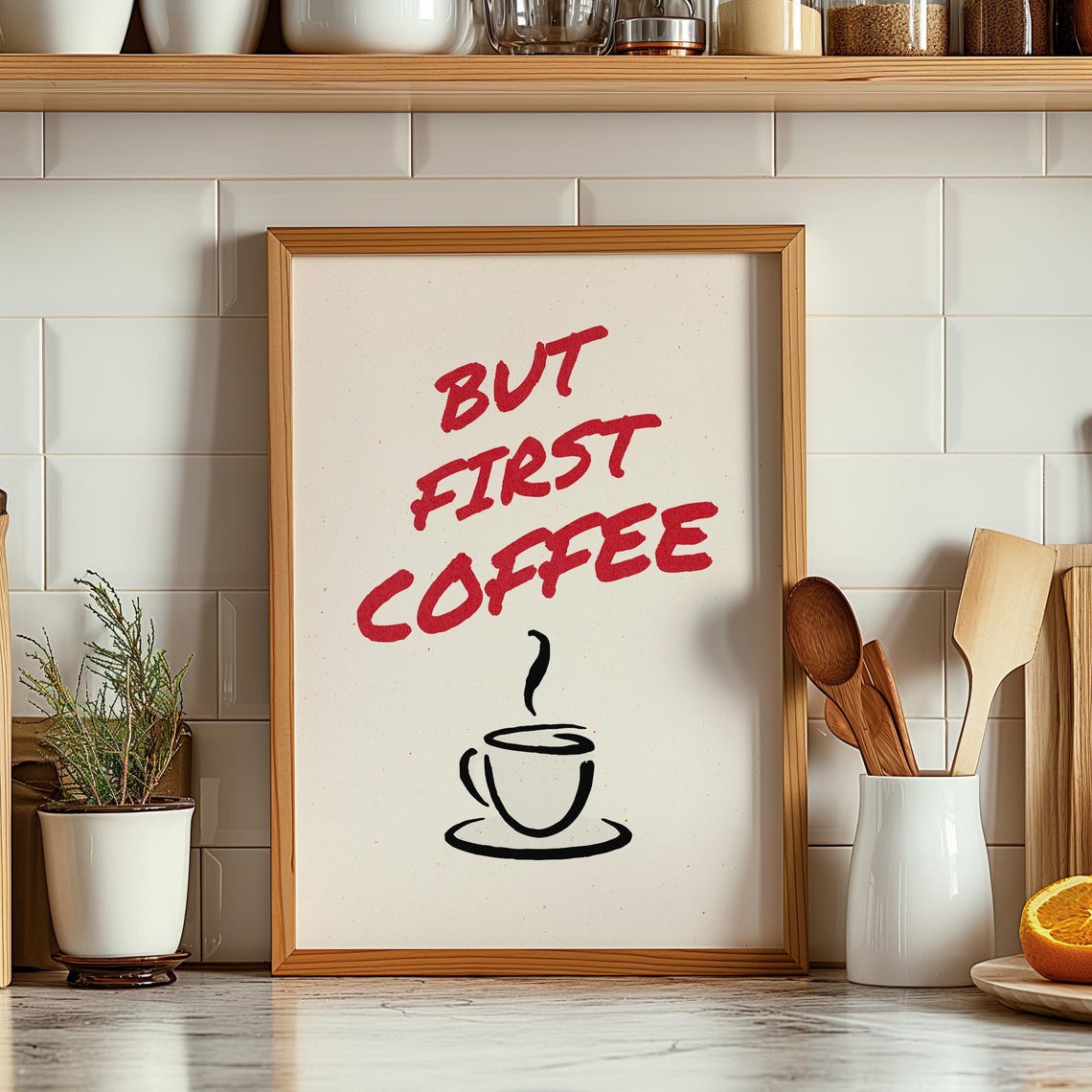 But First Coffee Red Script Cup Sketch Funny Kitchen Decor Poster