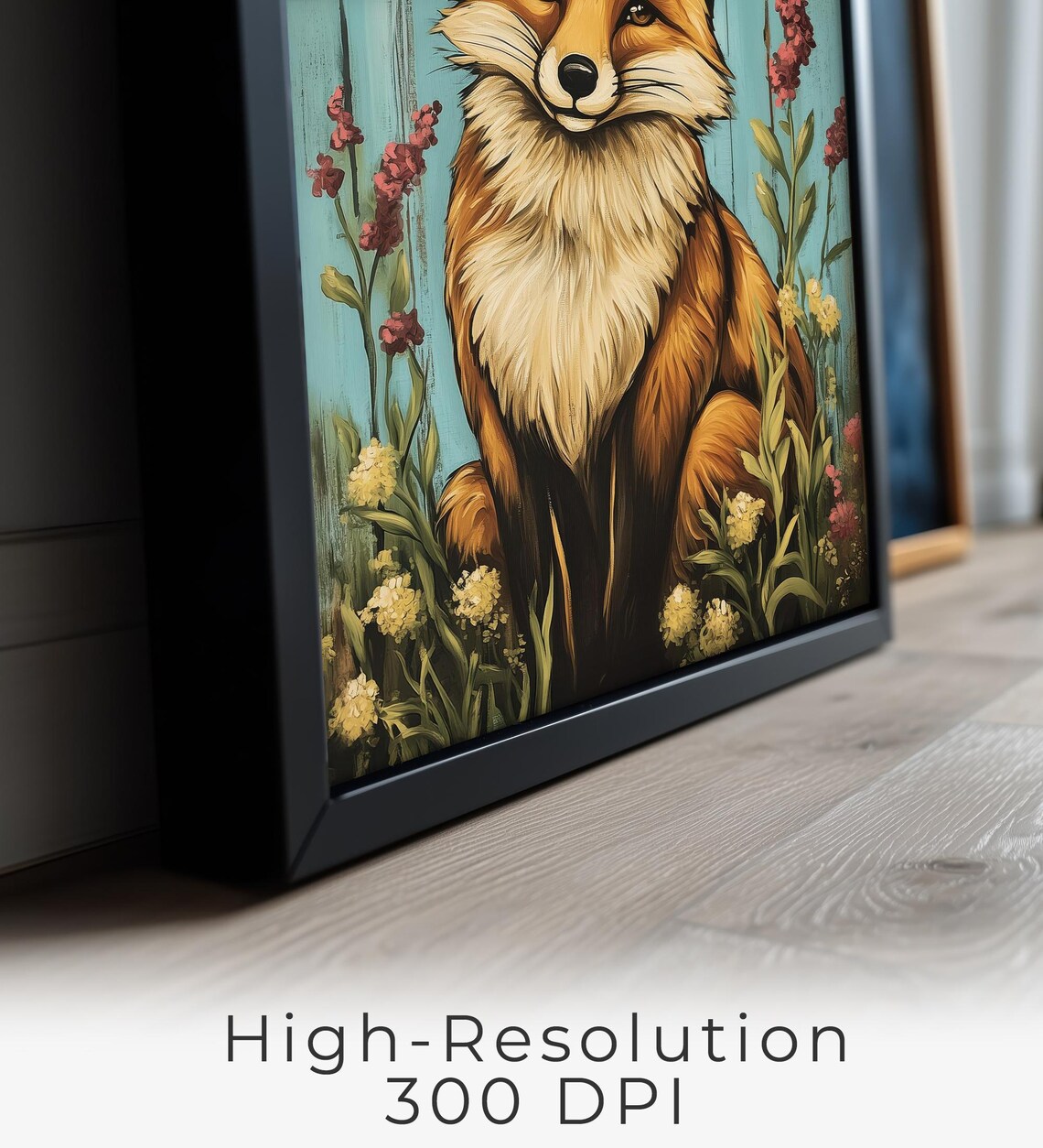 Handsome Red Fox Sitting Among Red and Yellow Wildflowers Rustic Animal Poster - Image 2