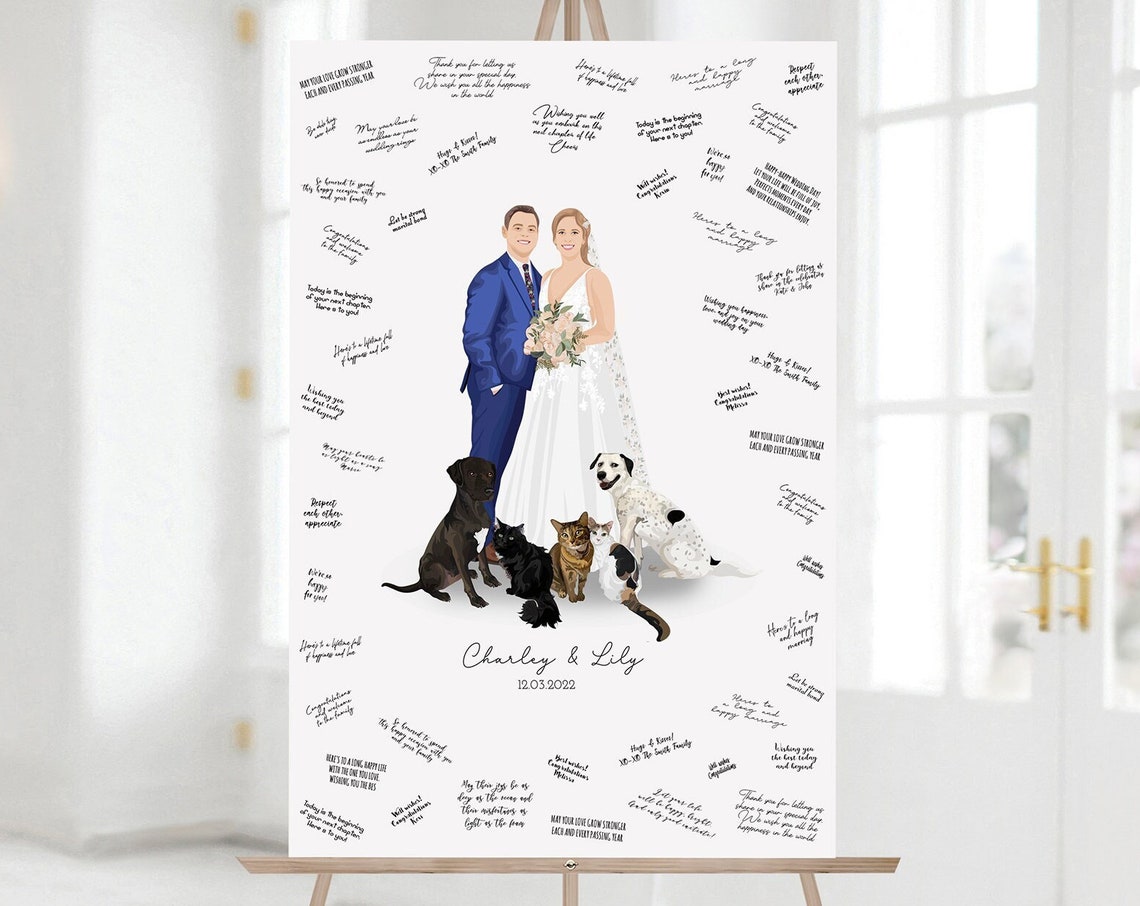 Wedding Guest Book Couple With Five Pets Portrait Art Poster