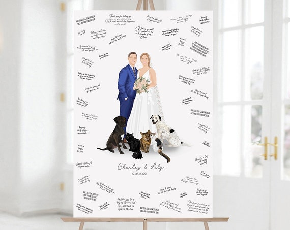 Wedding Guest Book Couple With Five Pets Portrait Art Poster