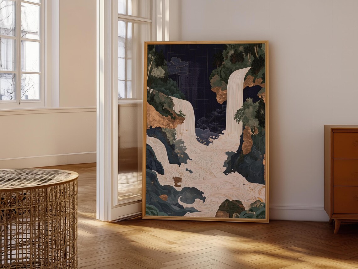 Elegant Japanese Twin Waterfall Illustration with Gold Accents Poster - Image 6
