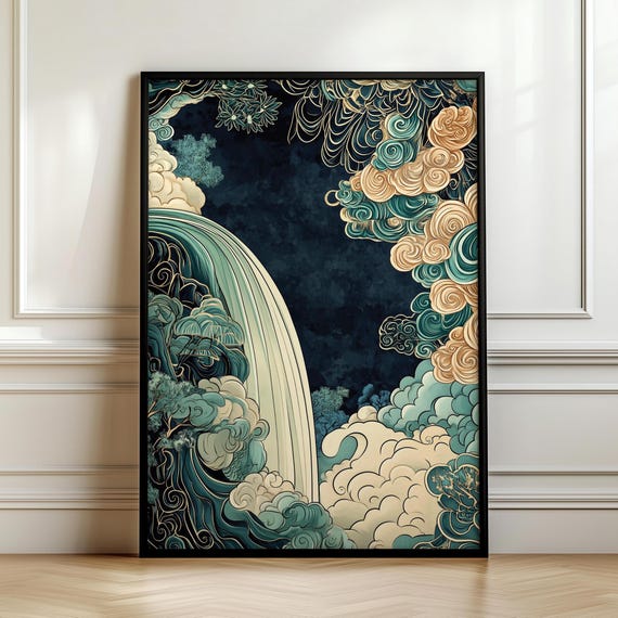 Japanese Ikigai Ukiyo E Print Waterfall Painting Poster Masculine Wall Hanging Art Traditional Japanese Artwork