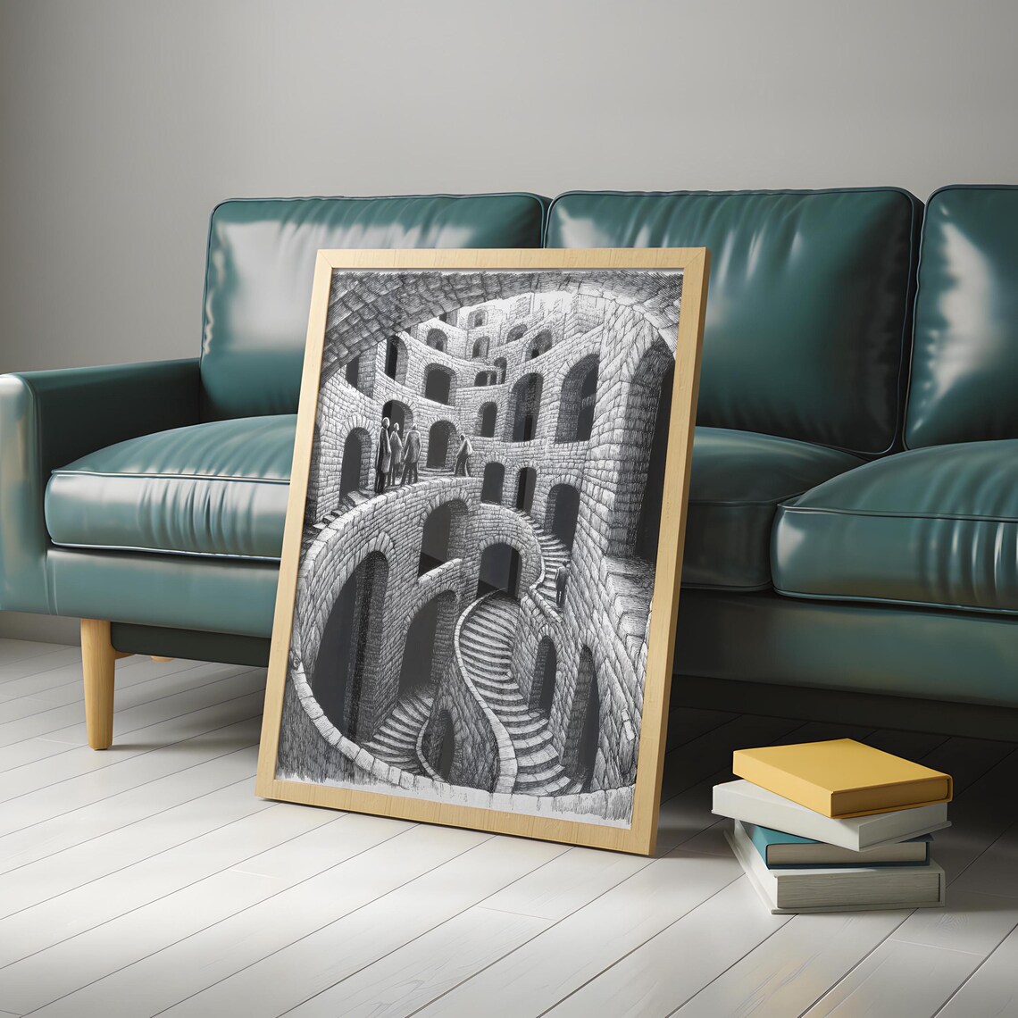 Endless Spiral Stone Stairwell Surreal Escher-like Ink Drawing Poster - Image 5