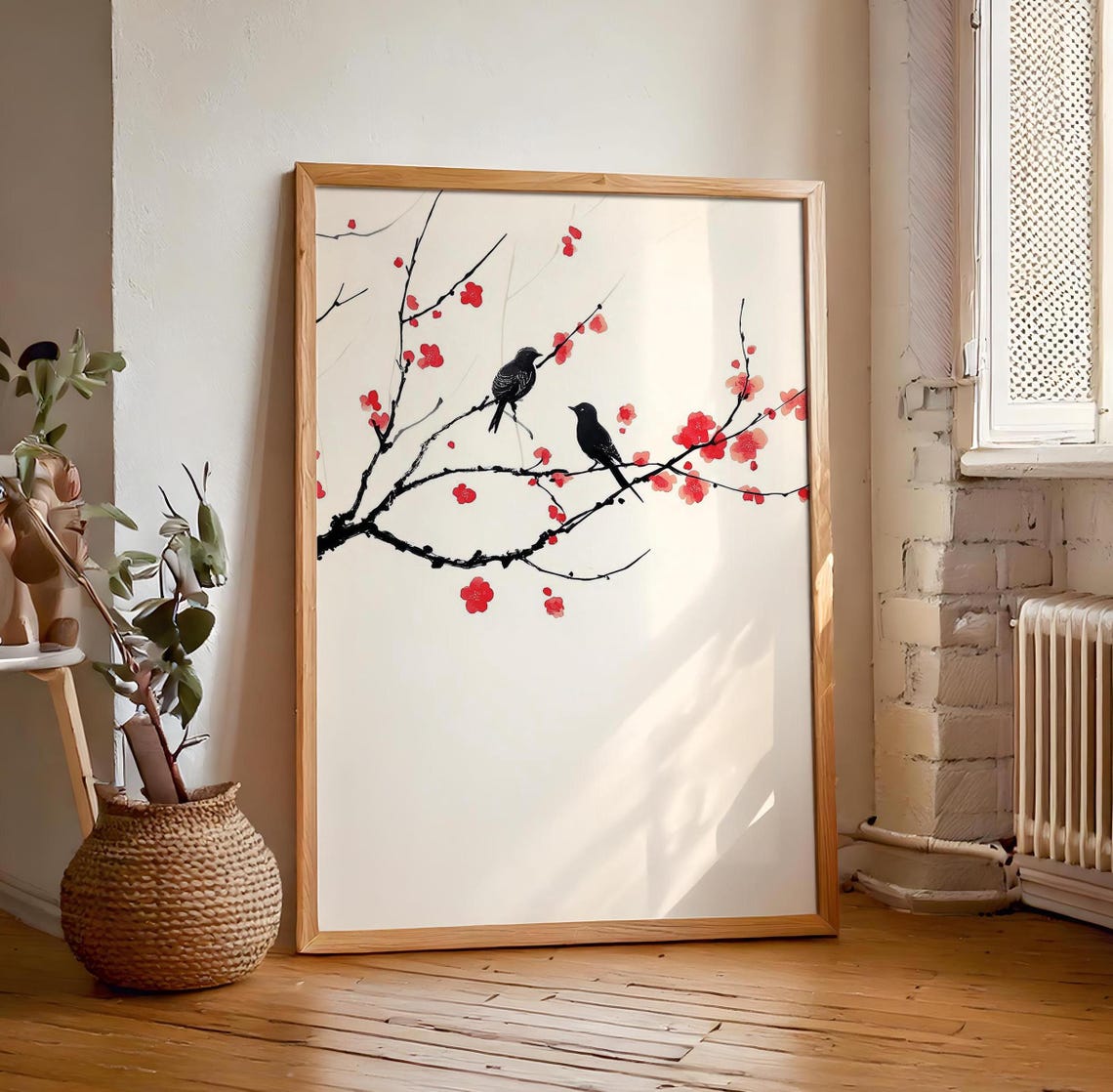 Pair Of Black Birds Ink Art On Sparse Red Blossom Branches Poster