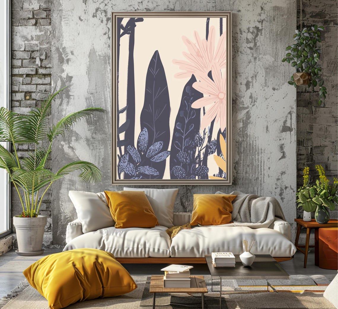 Dark Navy Botanical Leaves with Soft Pink Bloom Modern Floral Poster - Image 6