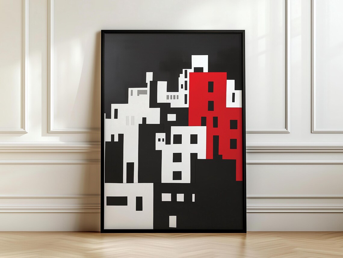 Bold Geometric Black White And Red Abstract Cityscape Art Poster - Image 7
