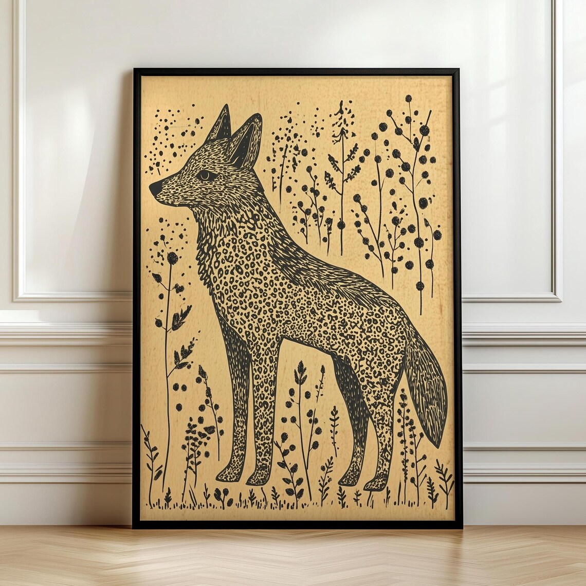 Standing Fox Linocut Style Folk Art Spotted Coat Wild Botanical Line Art Poster - Image 7