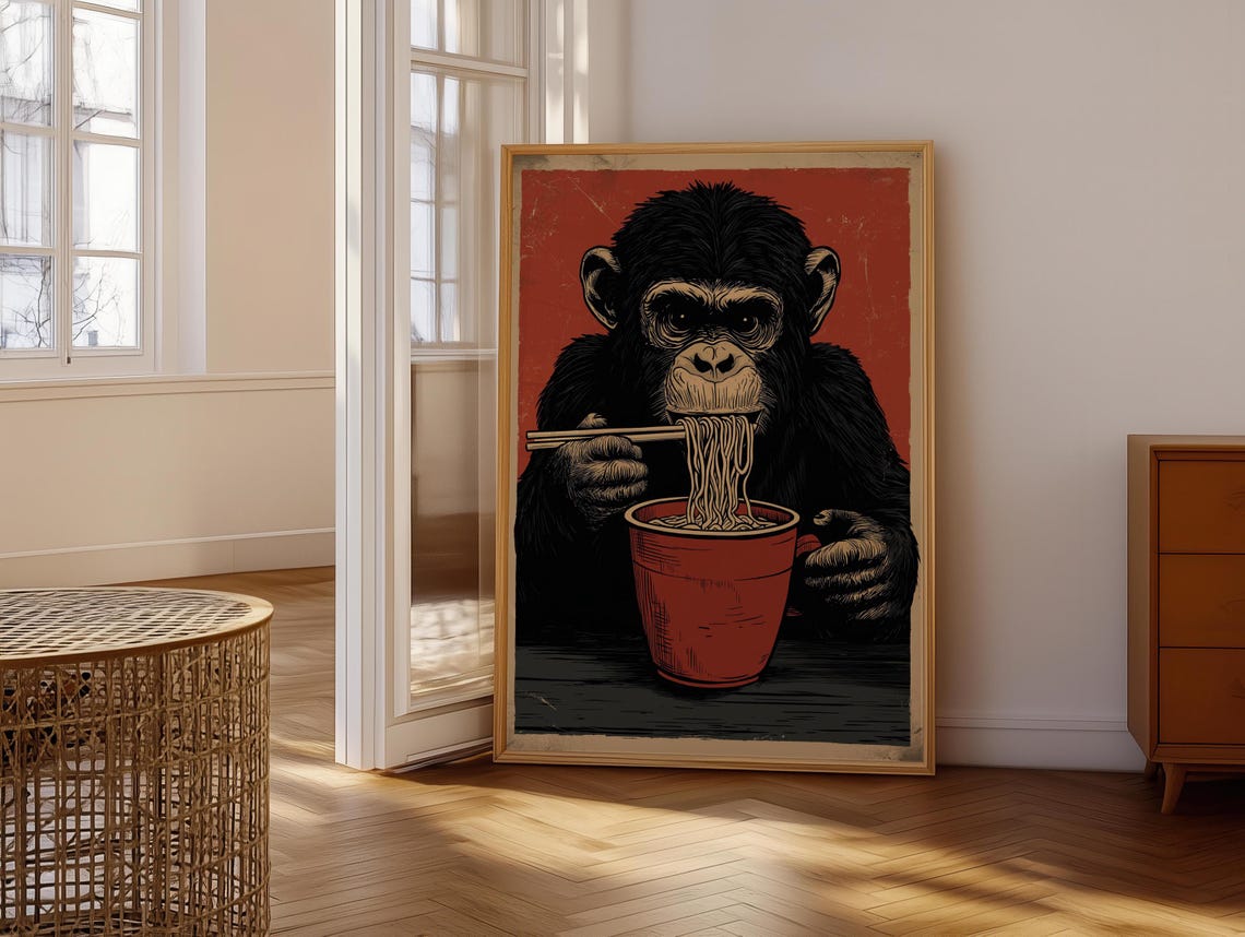 Funny Monkey Eating Ramen Noodles Vintage Red Background Poster - Image 4