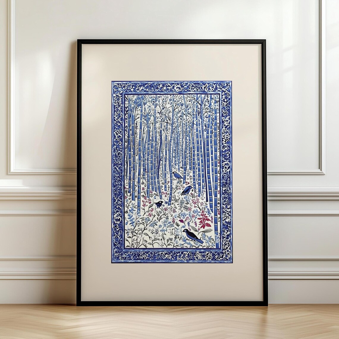 Blue Kashmiri Textile Art Print, Light Academia Vintage