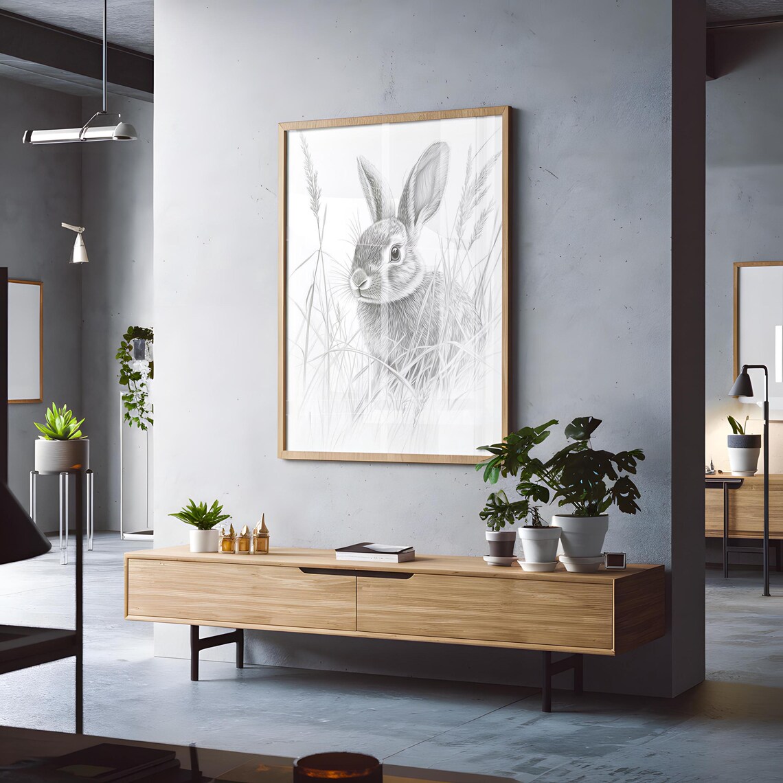 Pencil Sketch Bunny Front View In Wild Grasses Fine Line Graphite Drawing Art Poster - Image 3