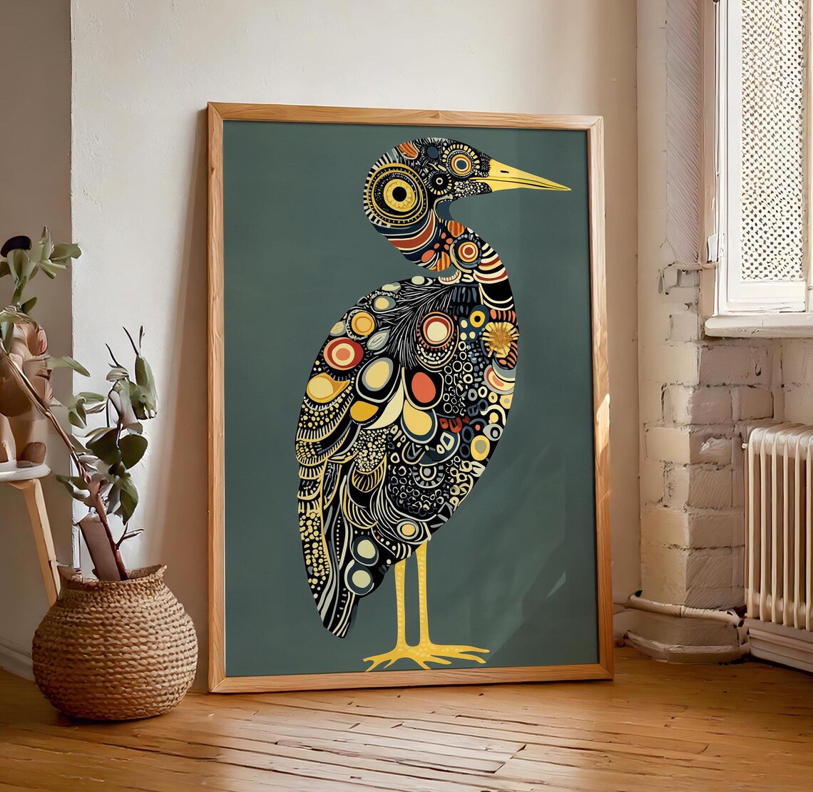 Retro Vintage Emerald Green Heron Art Print, Art Deco